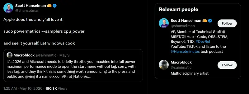 微软副总裁怒怼“阴谋论”:Windows 11 CPU 瞬时加速并非作弊,苹果 macOS 也在用!插图1 微软副总裁怒怼“阴谋论”:Windows 11 CPU 瞬时加速并非作弊,苹果 macOS 也在用!插图1
