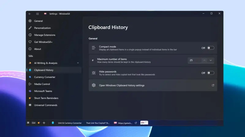 WindowSill：把剪贴板历史、媒体控制、AI写作全塞进任务栏上方的一条工具栏插图1