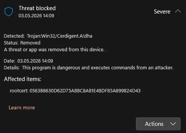 测试草台班子!Microsoft Defender 错误地将 DigiCert 证书标记为木马 Trojan:Win32/Cerdigent.A!dha测试缩略图 测试草台班子!Microsoft Defender 错误地将 DigiCert 证书标记为木马 Trojan:Win32/Cerdigent.A!dha测试