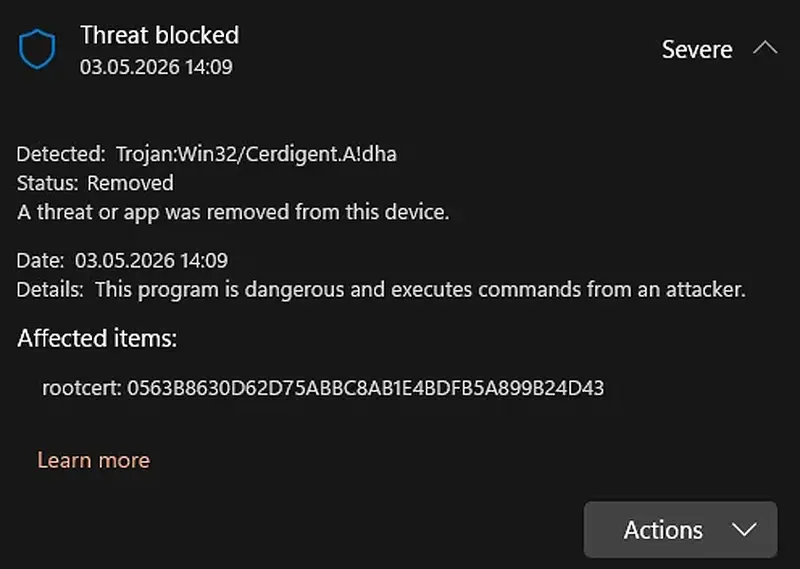 测试草台班子!Microsoft Defender 错误地将 DigiCert 证书标记为木马 Trojan:Win32/Cerdigent.A!dha测试插图 测试草台班子!Microsoft Defender 错误地将 DigiCert 证书标记为木马 Trojan:Win32/Cerdigent.A!dha测试插图
