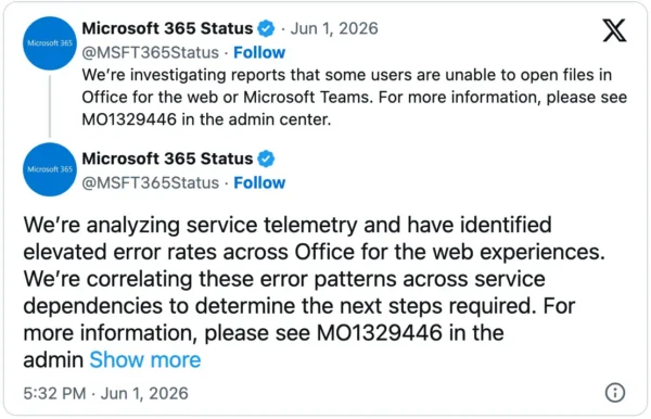 微软正在调查 Office 应用和 Teams 文件访问问题缩略图 微软正在调查 Office 应用和 Teams 文件访问问题