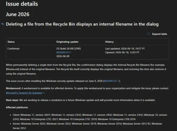 微软确认：2026 年 6 月 Windows 更新导致回收站删除提示显示错误文件名