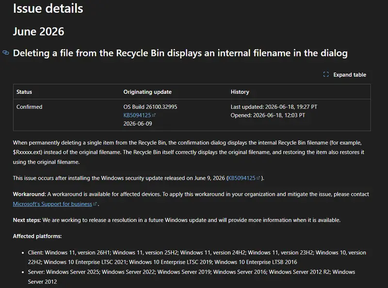 微软确认:2026 年 6 月 Windows 更新导致回收站删除提示显示错误文件名插图 微软确认:2026 年 6 月 Windows 更新导致回收站删除提示显示错误文件名插图