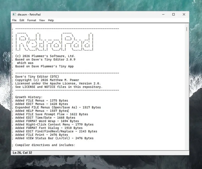RetroPad：仅 2749 字节的“完整功能版 XP 记事本”，Windows 传奇 Dave Plummer 用汇编重写，体积缩小 95% 却支持深色模式与全快捷键插图