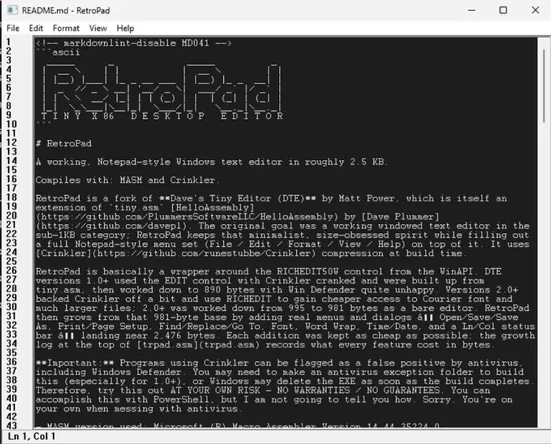 RetroPad：仅 2749 字节的“完整功能版 XP 记事本”，Windows 传奇 Dave Plummer 用汇编重写，体积缩小 95% 却支持深色模式与全快捷键插图1