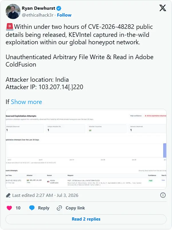 Adobe ColdFusion 漏洞 CVE-2026-48282 遭在野利用，补丁发布两小时内即被攻击插图
