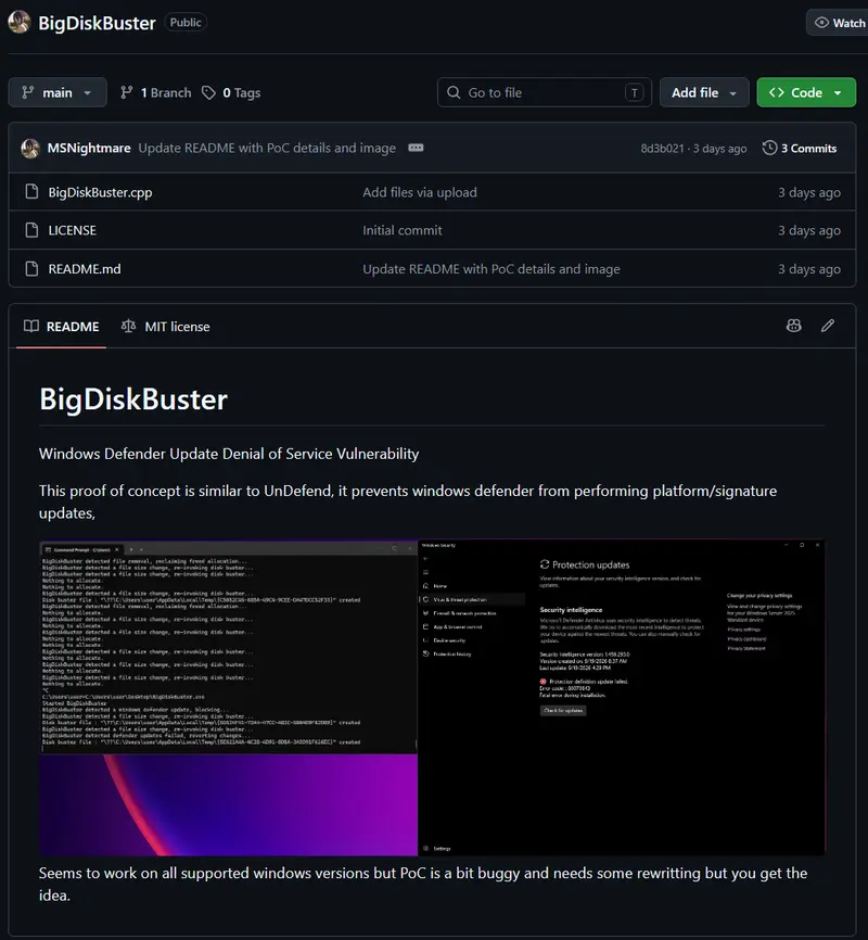 Windows Defender曝出BigDiskBuster零日漏洞，可拦截杀毒库更新，全支持版Windows受影响插图1