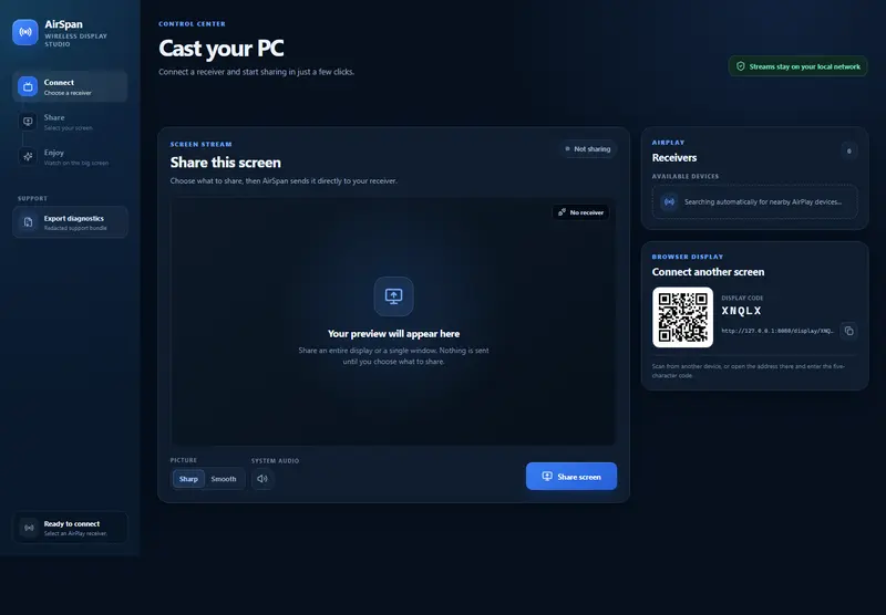 AirSpan:Windows 桌面投屏工具,支持把画面+系统音频推送到AirPlay设备或局域网浏览器插图 AirSpan:Windows 桌面投屏工具,支持把画面+系统音频推送到AirPlay设备或局域网浏览器插图