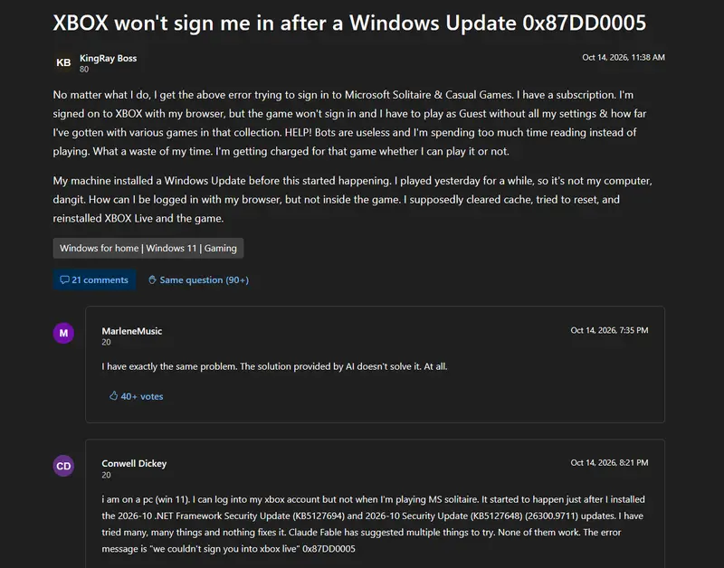 Windows KB5127648/KB5127694 更新引发 Xbox 登录故障，报 0x87DD0005 错误插图