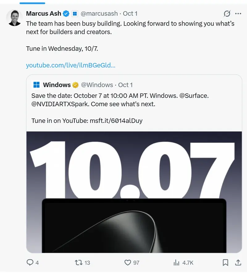微软 10 月 7 日发布会前瞻：联手 NVIDIA RTX Spark，Windows 重构本地 AI 智能体底层，无 Windows12