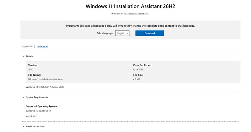 微软新增渠道:可从下载中心获取 Win11 26H2 升级助手,一键就地升级插图 微软新增渠道:可从下载中心获取 Win11 26H2 升级助手,一键就地升级插图